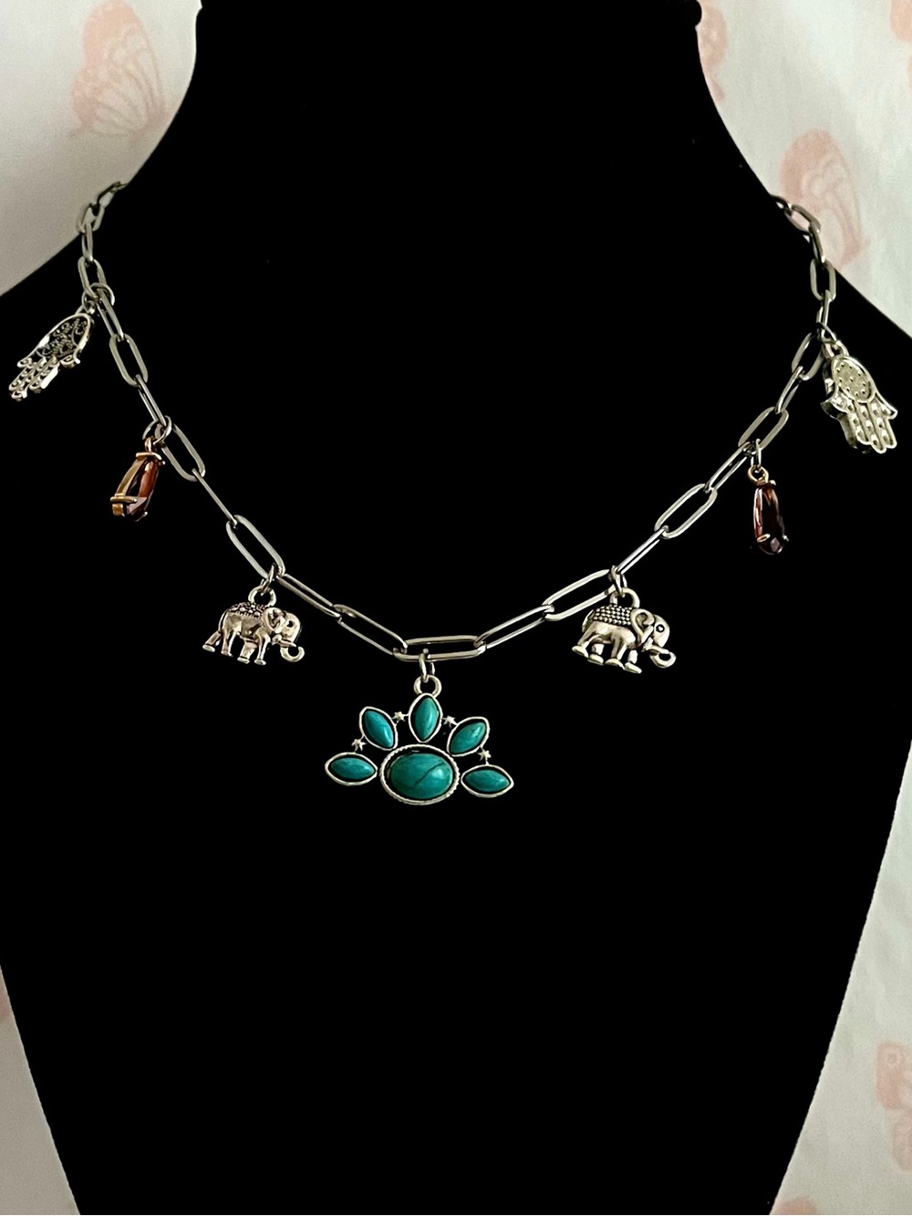 Silver Paperclip Chain Charm Necklace Turquoise Elephant Evil Eye Y2K Boho